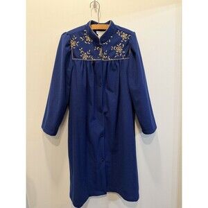 Vintage Appel Housecoat Blue Robe Women Button Medium Gold Floral Embroidery